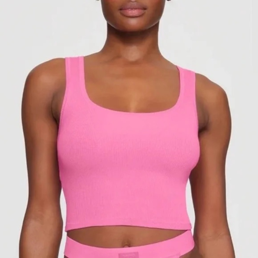 SKIMS Pink Ribbed Square-Neck Tank